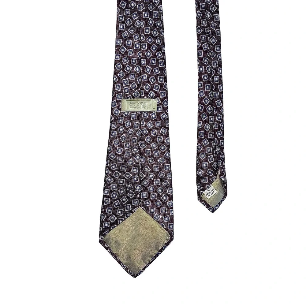 Christopher Hayes Silk Tie Mens Burgundy Blue Geometric Diamond Necktie Italy